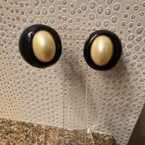 Classic Kenneth J Ln. Black and Gold  Pearl Clip Statement Earrings